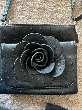 Black Floral Appliqué Crossbody Bag for Women